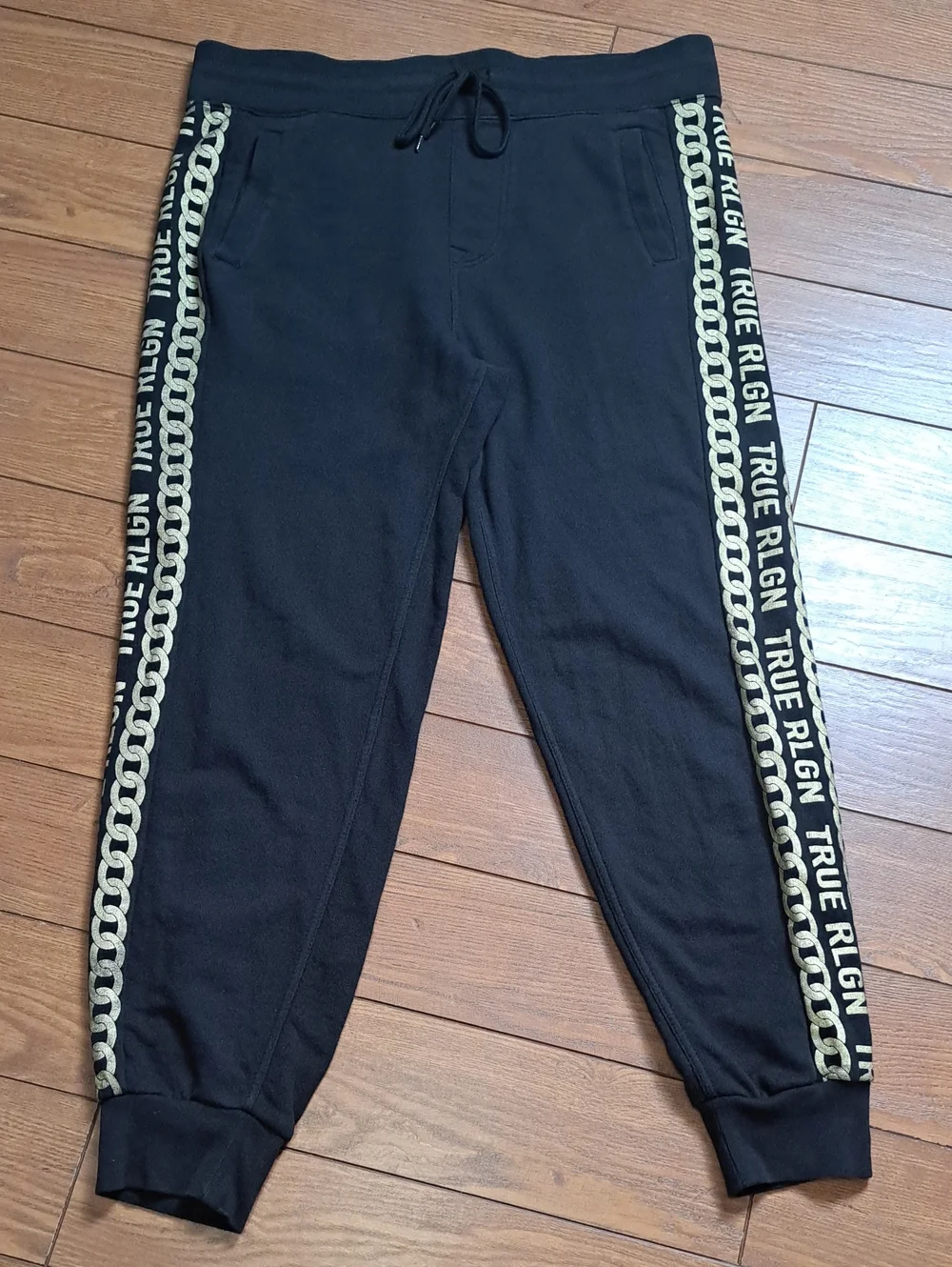 True Religion Gold Chain Link Side Stripe Joggers Black Mens Large Sweatpants